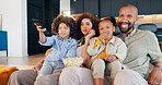 Family, kids and watching tv together in home for bonding, streaming movies and entertainment with popcorn. Parents, children and television broadcast with change channel, snack and support for care