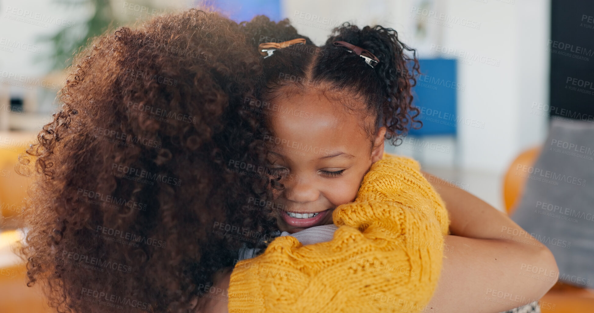 Buy stock photo Hug, woman and daughter in lounge, home and bonding of family, love and parent with child and together. Reunion, mother and girl from first day in kindergarten, care and comfort with embrace in house