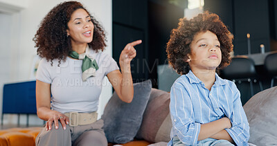 Buy stock photo Discipline, frustrated and mom scolding child for behavior problem, naughty attitude and punishment on home sofa. Angry mama, stubborn kid and fight with lecture, learn manners and conflict drama