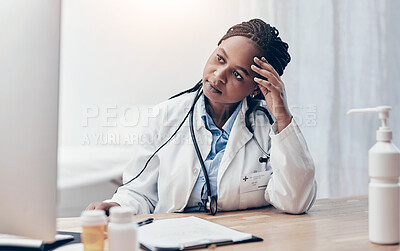 Buy stock photo Computer, headache and stress with doctor black woman at desk in office of hospital for problem solving. Anxiety, burnout and challenge with medicine professional in clinic for healthcare or medical