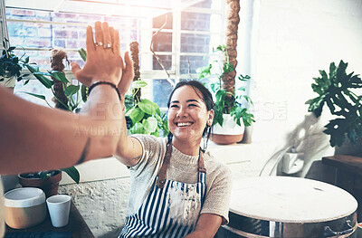 Buy stock photo Woman, small business and high five at pottery shop for well done, congratulations and support. People, employees and startup store with happiness or smile for creativity, success and achievement