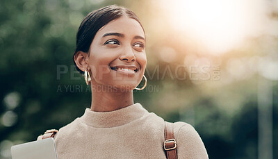 Buy stock photo Student, girl and walking with thinking outdoor for morning commute to campus and daydreaming of future. Indian woman, person and happy at university for thesis inspiration, education and scholarship