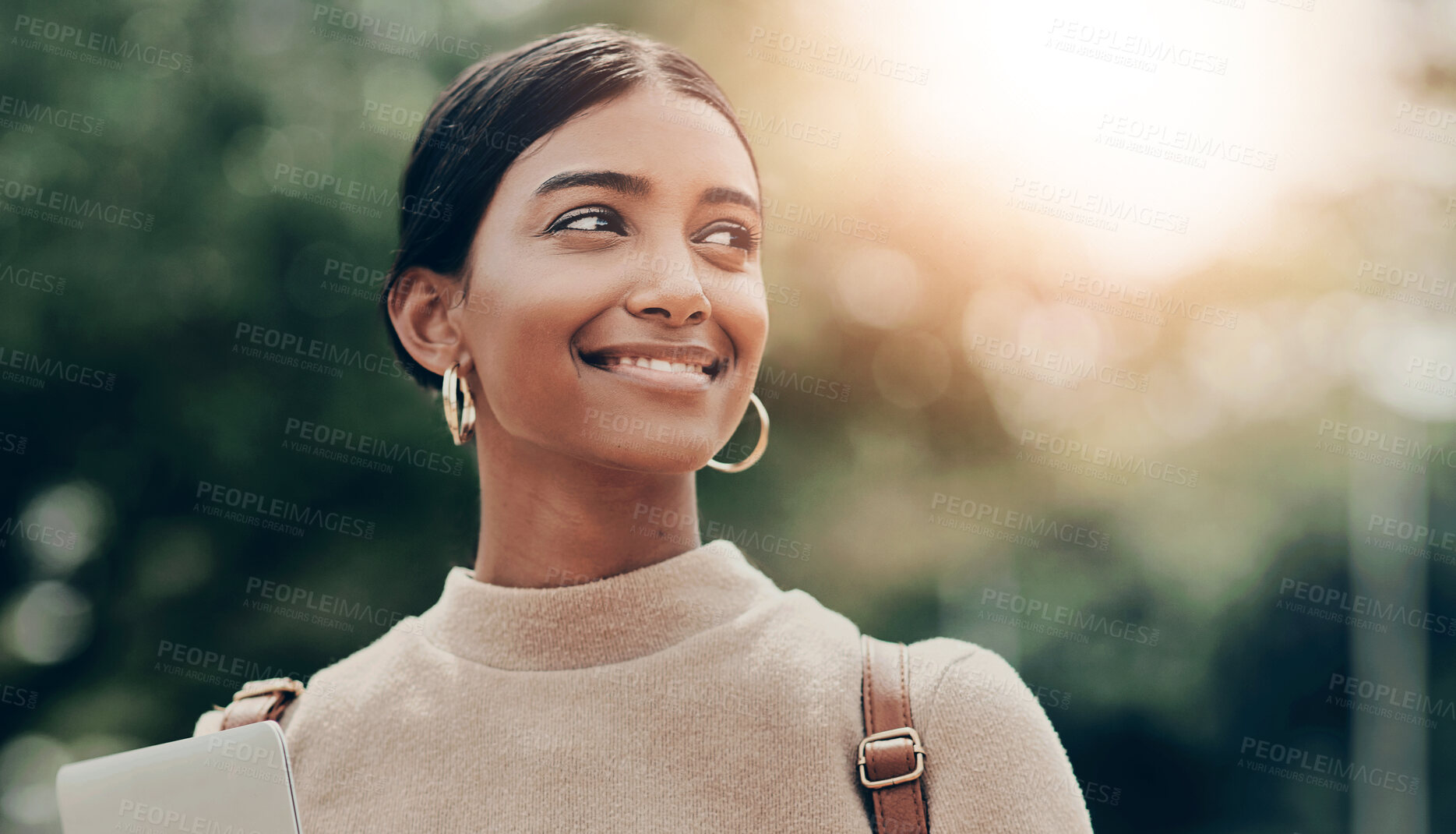 Buy stock photo Student, girl and walking with thinking outdoor for morning commute to campus and daydreaming of future. Indian woman, person and happy at university for thesis inspiration, education and scholarship