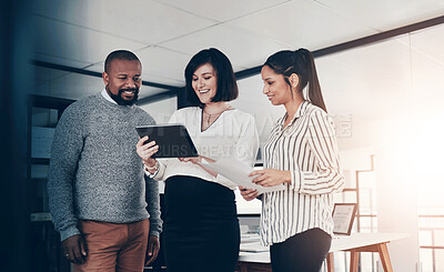 Buy stock photo Business, people and happy with laptop on meeting with email notification, positive feedback and report on project. Employees, office and smile or satisfied with good news, teamwork and collaboration