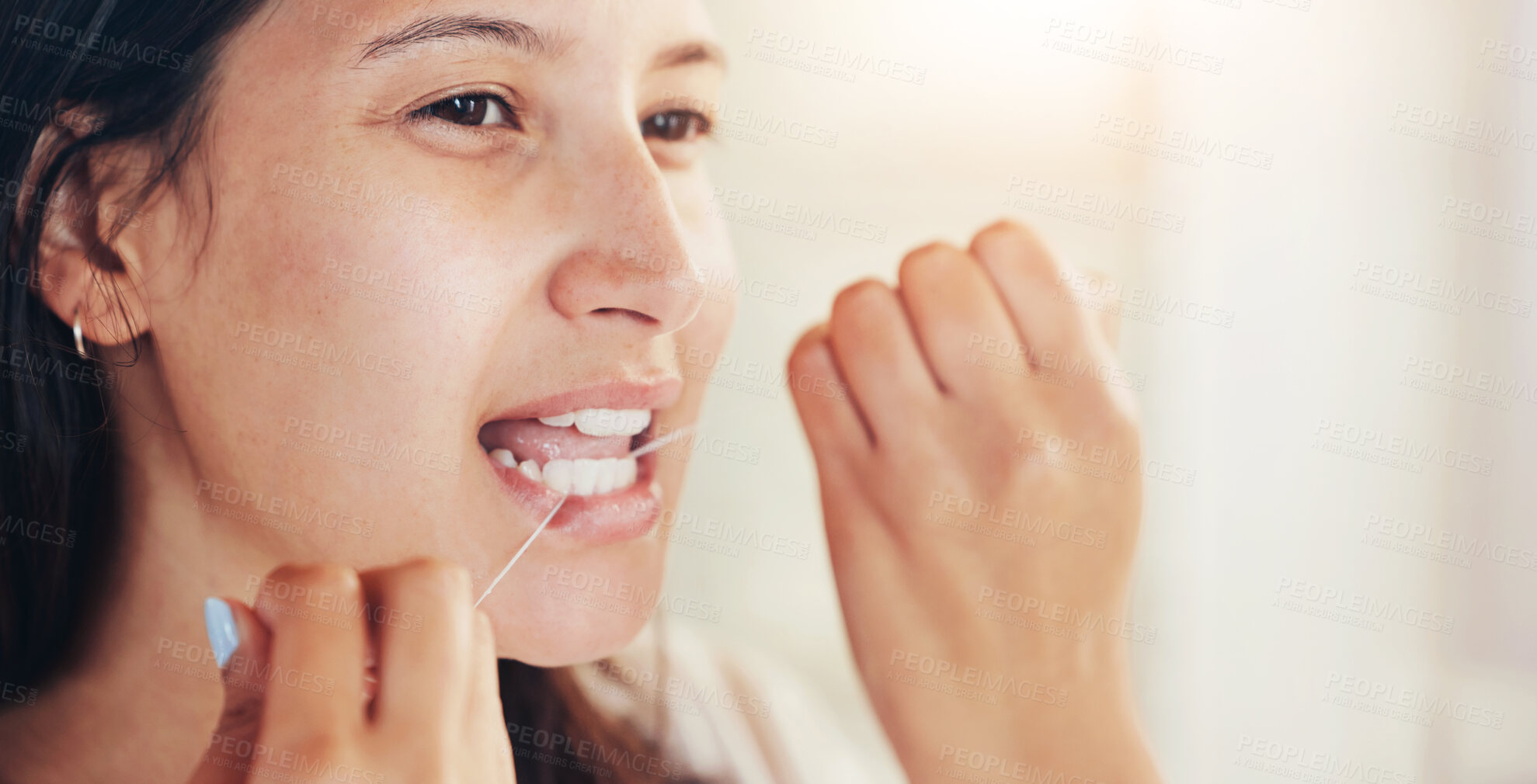 Buy stock photo Home, flossing and woman with dental hygiene, wellness and oral health with morning routine. Person, bathroom and girl with string, product or grooming with cleaning, teeth whitening or remove plaque