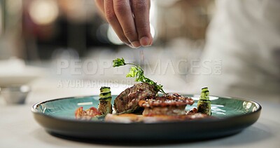 Buy stock photo Hands, food or sprinkle on dish for fine dining, culinary school or luxury restaurant. Chef, healthy protein or spices on plate for seasoning, catering and hospitality for event in commercial kitchen