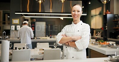 Buy stock photo Woman, sous chef and portrait in kitchen or restaurant, happy and smile in food business with confidence. Culinary skills, hospitality industry and professional gastronomy, cook and service staff