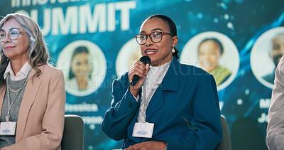 Buy stock photo Business, summit and woman speaker talking, presentation and discussion for audience with leadership people. Innovation, microphone and tradeshow or public speaking, entrepreneur and panel presenter