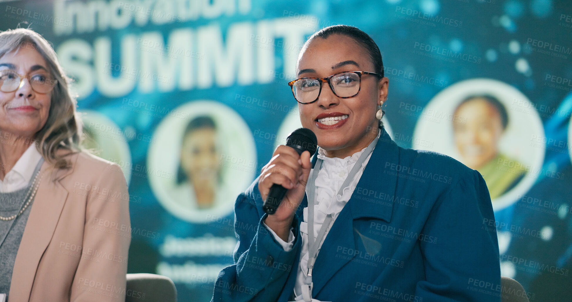 Buy stock photo Portrait, happy woman and speaker at convention as event host, guest or panel at summit. Face, presenter and person with mic for conference speech on innovation in renewable energy, tech and science