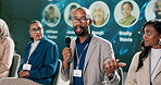 Presentation, black man or speaking at seminar for information, climate change or sustainability. Male researcher, representative or talking at event for environment care, lecture or conference intro