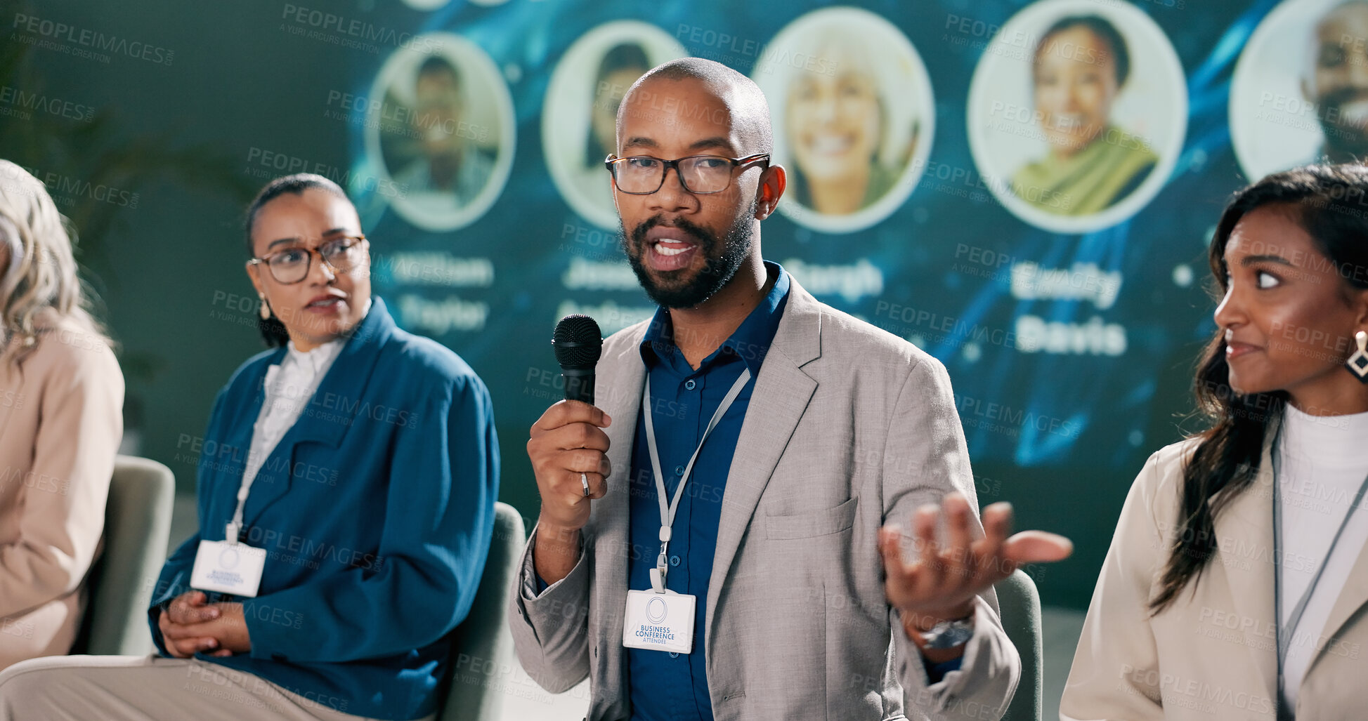 Buy stock photo Presentation, man or speaking at seminar for information, climate change or sustainability. Male researcher, representative or talking at event for environment care, lecture or conference intro