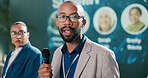 Presentation, black man or speaking at seminar for speech, climate change or sustainability. Male researcher, representative or talking at event for environment care, lecture or conference intro