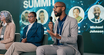 Buy stock photo Stage, man and presenter at conference as event host, panel discussion and guest with microphone. Summit, motivational speaker and person with speech at seminar for business workshop at auditorium