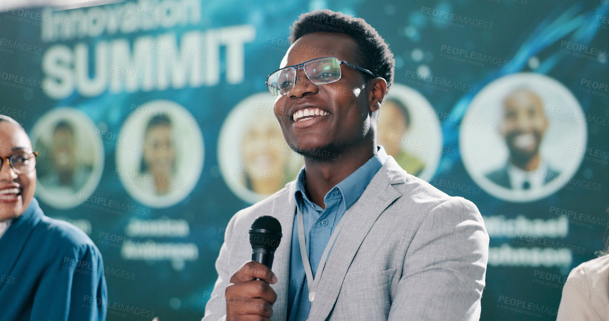 Buy stock photo Presenting, black man or smile at seminar for speech, climate change or sustainability. Male researcher, representative or speaking at event for environment care, innovation or conference intro