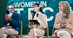 Clapping, seminar and group on stage, speaker and motivation for gender equality, leadership and speech. Tablet, online and presentation for female employees in technology, talk and success of women