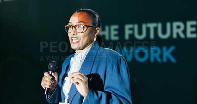 Buy stock photo Black woman, mic and speech at conference for public speaking, presentation and international convention. Presenter, talking and seminar on stage for audience, motivation and global event with pitch