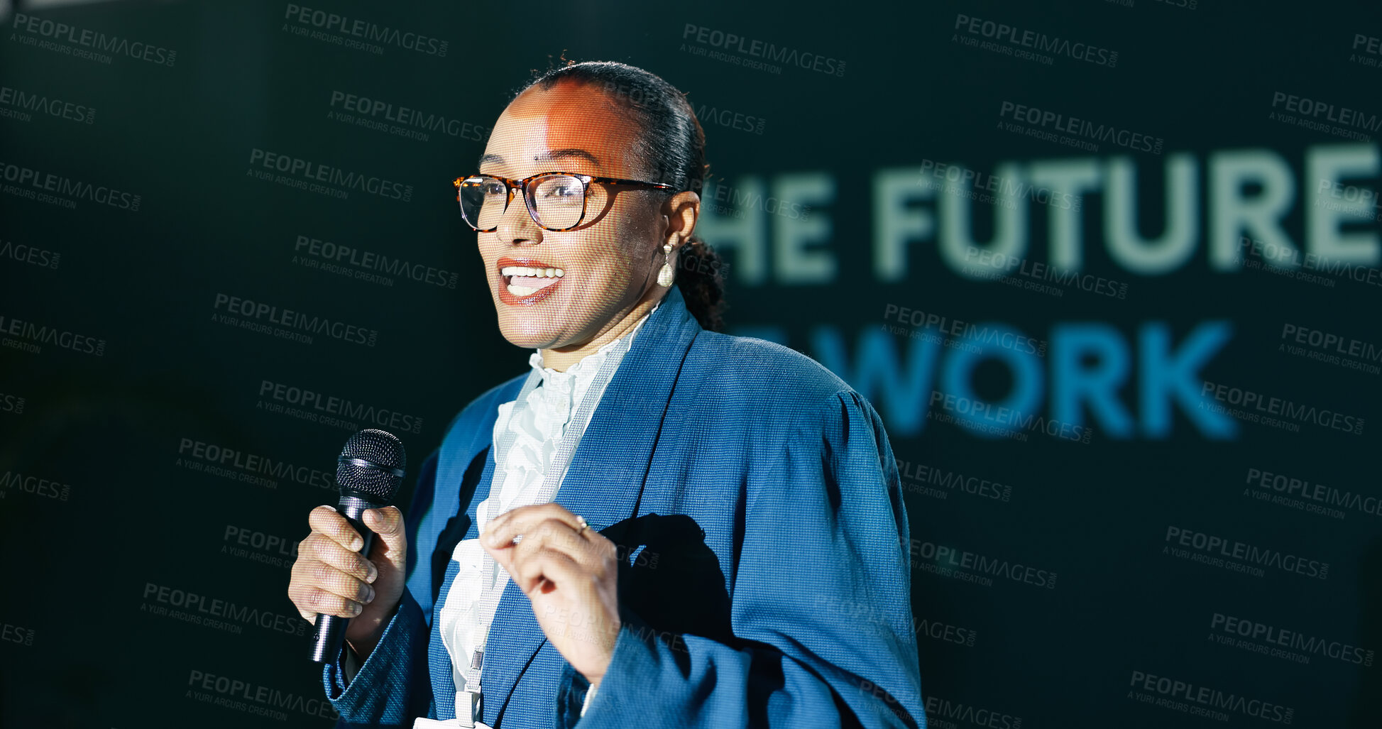 Buy stock photo Black woman, mic and speech at conference for public speaking, presentation and international convention. Presenter, talking and seminar on stage for audience, motivation and global event with pitch