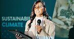 Speech, business woman and technology with microphone for climate change, plants sustainability and resilience. Speaker, presenter or female agroecologist with tablet, search and educational workshop