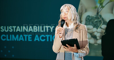 Buy stock photo Presentation, business woman and tech with microphone for climate change, plants sustainability and resilience. Speaker, presenter or mature agro ecologist with tablet, search or educational workshop