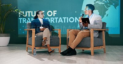 Buy stock photo Man, woman and stage for talk, seminar and transportation system with global policy for solution. People, questions and public debate at international conference for travel, future or infrastructure