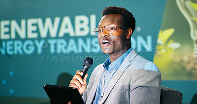 Buy stock photo Black man, speaker and conference for climate change, presentation and seminar for renewable energy. African person, tablet and presenter with motivation for sustainability or eco friendly convention