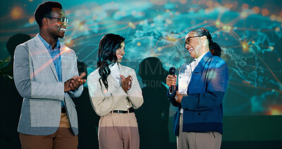 Buy stock photo People, stage and happy at conference with applause for achievement, success and congratulations. Diversity, teamwork and support at seminar or award ceremony event and summit for global networking