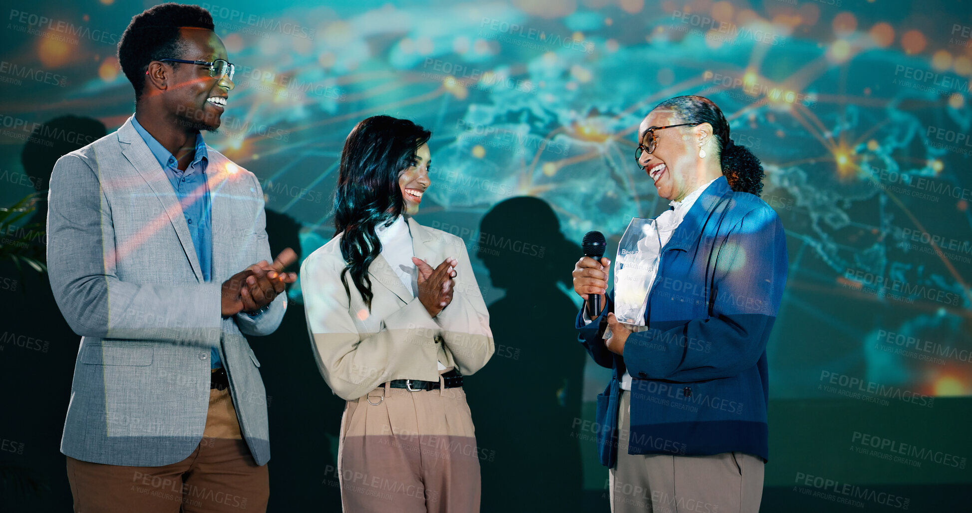 Buy stock photo People, stage and happy at conference with applause for achievement, success and congratulations. Diversity, teamwork and support at seminar or award ceremony event and summit for global networking