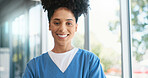 Hospital, nurse or woman in portrait with confidence, professional career and medical service. Healthcare, female oncologist and experience with pride, assistance and about us with smile in clinic