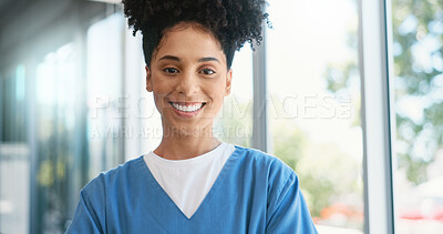 Buy stock photo Hospital, nurse or woman in portrait with confidence, professional career and medical service. Healthcare, female oncologist and experience with pride, assistance and about us with smile in clinic