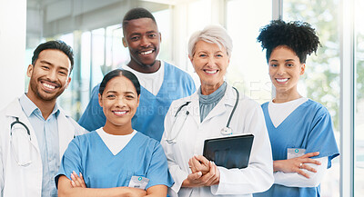 Buy stock photo Happy people, portrait or doctor with team in confidence for healthcare, support or trust at hospital. Group of medical employees with smile for health advice, about us or emergency service at clinic