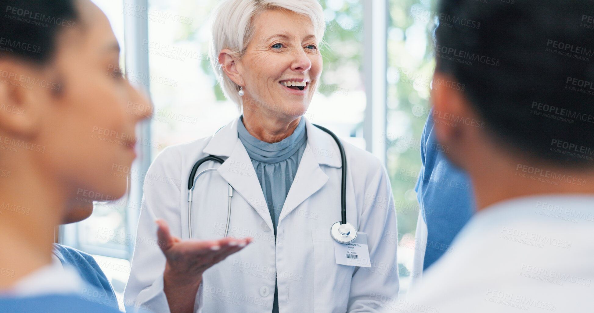 Buy stock photo Discussion, medical and doctor with team of nurses in hospital for collaboration on diagnosis. Happy, conversation and cardiology mentor with healthcare students for feedback on internship in clinic.