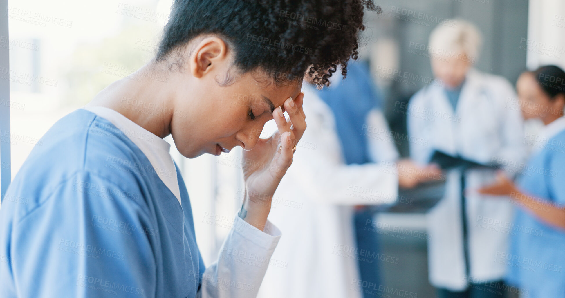 Buy stock photo Black woman, nurse and anxiety in burnout, grief or mistake against glass window in hospital building. Frustrated physician, medical healthcare and person in stress, loss or headache at clinic