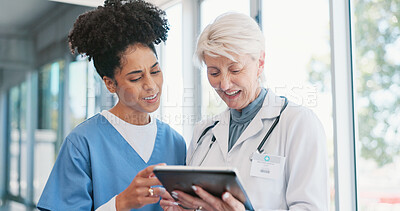 Buy stock photo Healthcare, tablet and doctor talking to nurse woman in hospital for consulting, diagnosis or results. Medical, smile and technology with medicine professional teaching intern or student in clinic