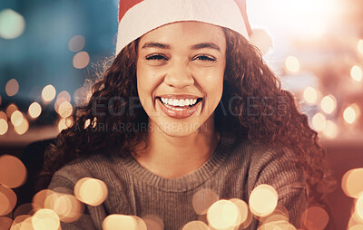 Buy stock photo Portrait, celebration and woman with a gift, Christmas and excited with happiness, Santa hat and box. Face, female person and girl with a parcel, Xmas present and smile with festive season and event