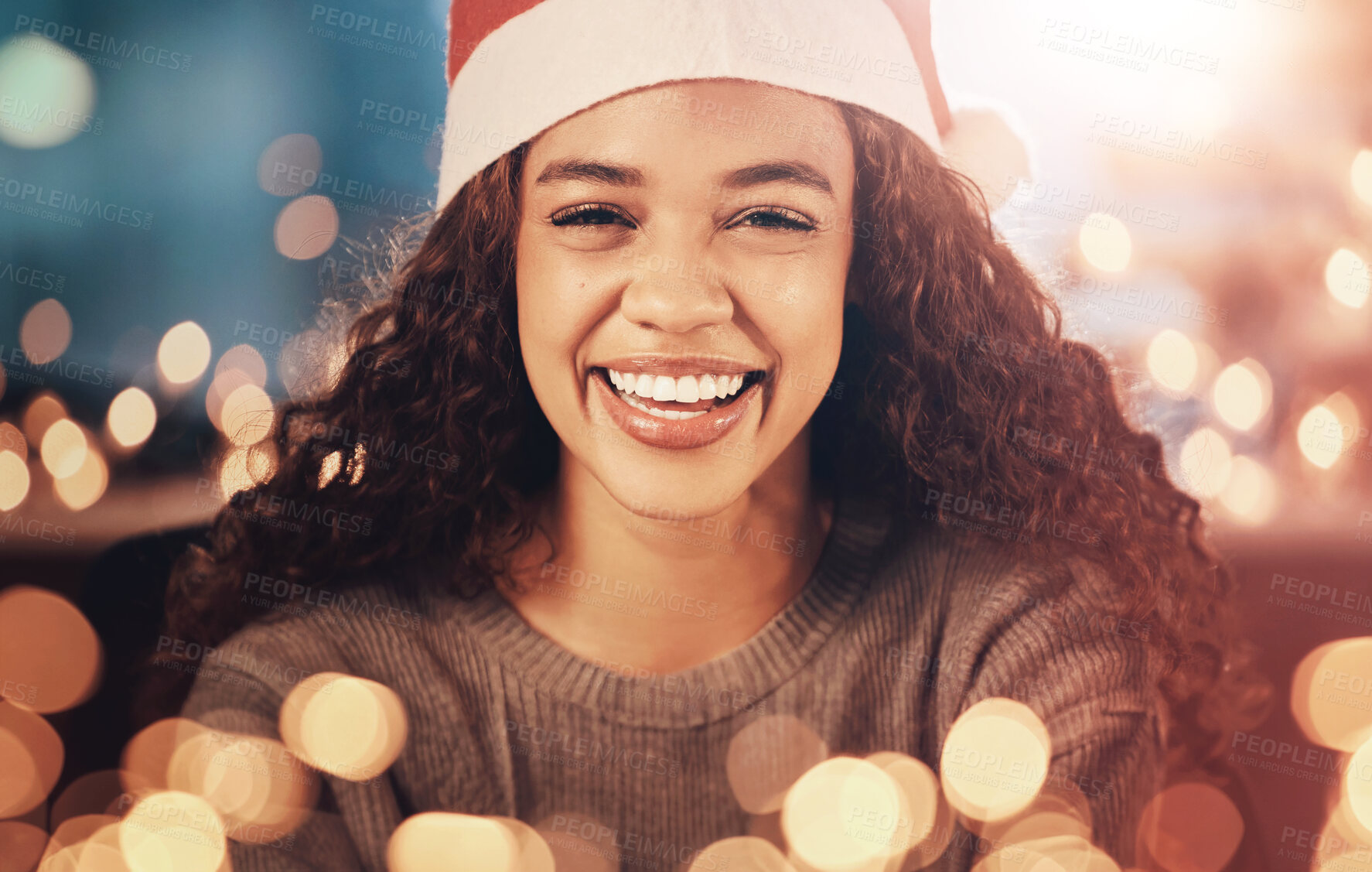 Buy stock photo Portrait, celebration and woman with a gift, Christmas and excited with happiness, Santa hat and box. Face, female person and girl with a parcel, Xmas present and smile with festive season and event