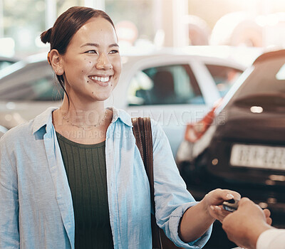 Buy stock photo Asian woman, hands and keys for car at dealership, leasing and vehicle for test drive at showroom. Person, sales and service for auto transport, purchase and customer to buy or giving automobile