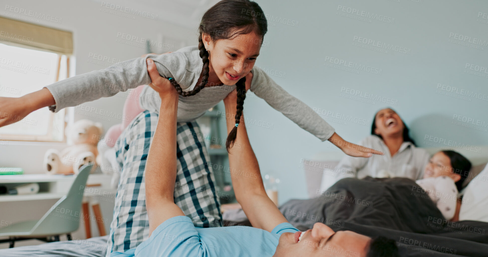 Buy stock photo Father, girl and lifting in bedroom for growth, child development and learning for bonding. Kid, man and playful in parenting, care and love with happiness, flying and together as family in home