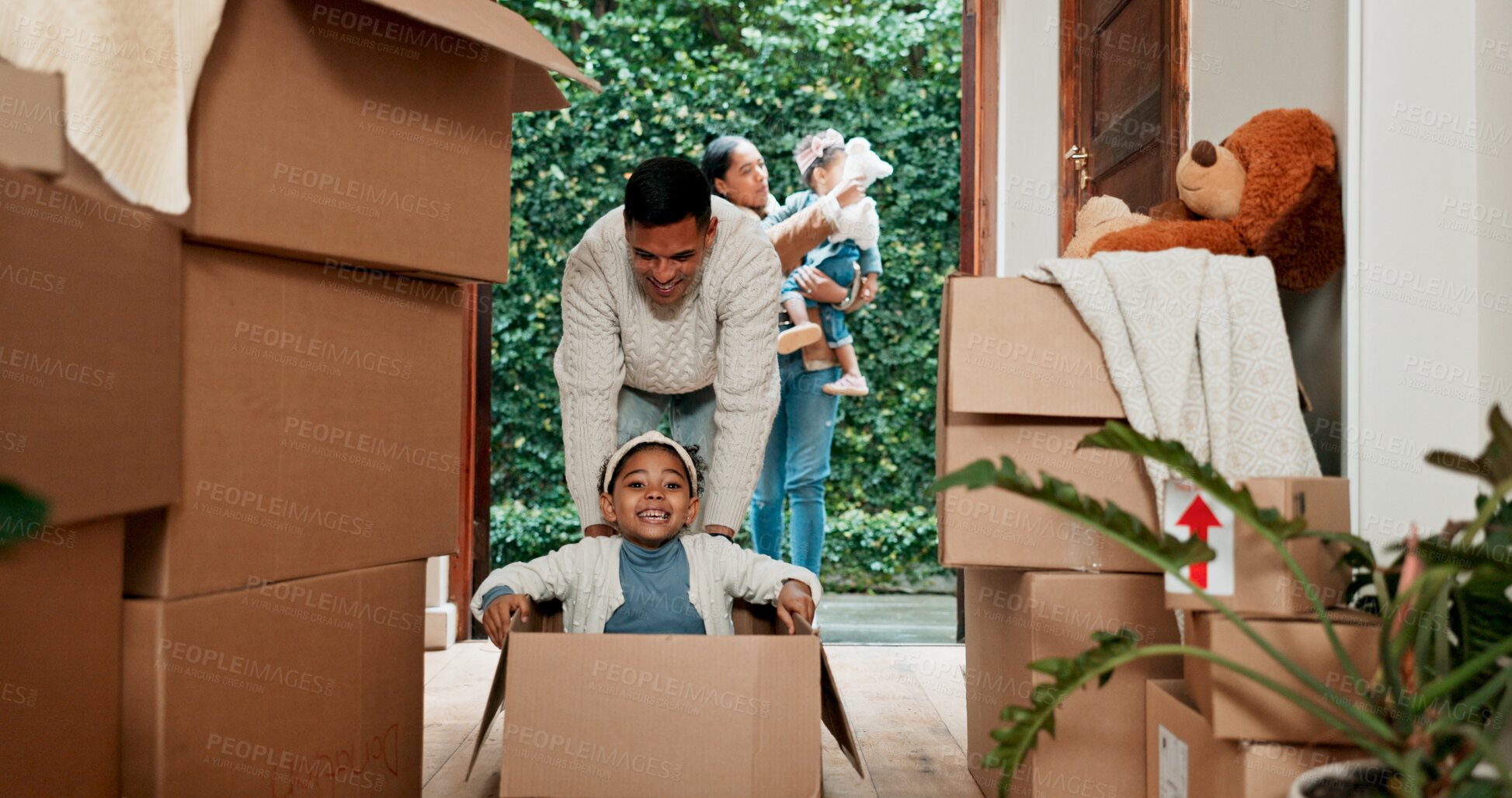 Buy stock photo Portrait, father and girl with boxes for play, bonding together and connection with cardboard in house. Family, dad and child with moving in new home, unpacking and joyful with energy for game