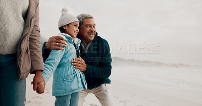 Buy stock photo Grandpa, child and beach with bonding, happy and family together on vacation by the sea with view. Love, smile and girl kid with senior man outdoor in winter on holiday with retirement and travel