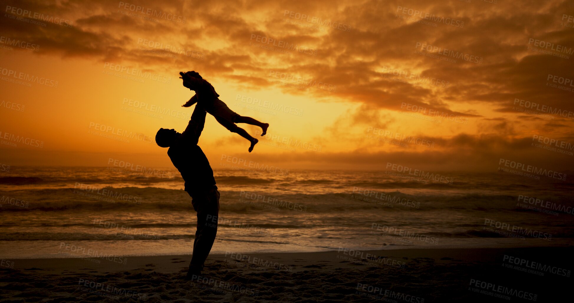 Buy stock photo Dad, child and lift at sunset, beach and silhouette with airplane, bonding and care on vacation. Love, father and kid with throw in air, games and playful in nature with connection by ocean in Spain