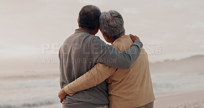 Buy stock photo Senior couple, hug and back by ocean for love, care or connection for kindness with memory on vacation. People, embrace and together at beach with support, holiday or retirement with nature in Mexico