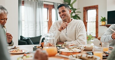 Buy stock photo Family, home and happy with dinner in table with food for thanksgiving gathering and reunion. People, meal and fest with smile on festive season for fun, support and care with trust or bonding