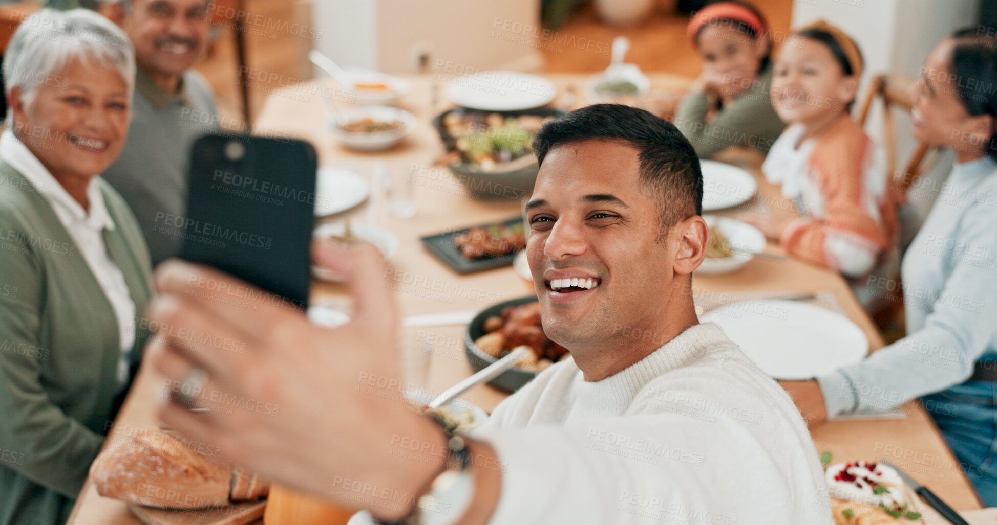 Buy stock photo Family, home and happy with selfie for dinner in table for memories, profile picture and social media. People, meal and food with bonding for love, support and care with thanksgiving gathering