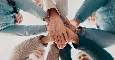 Buy stock photo Huddle, hands and group of people together with agreement and celebration for solidarity in community circle. Family, trust and teamwork with cooperation for bonding, love and outdoor in low angle