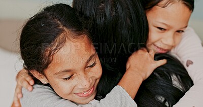 Buy stock photo Home, hug and mama with girls, love and happiness with care, support and time together. Apartment, family and parent with daughters, mothers day and embrace with smile, comfort and cuddle in house