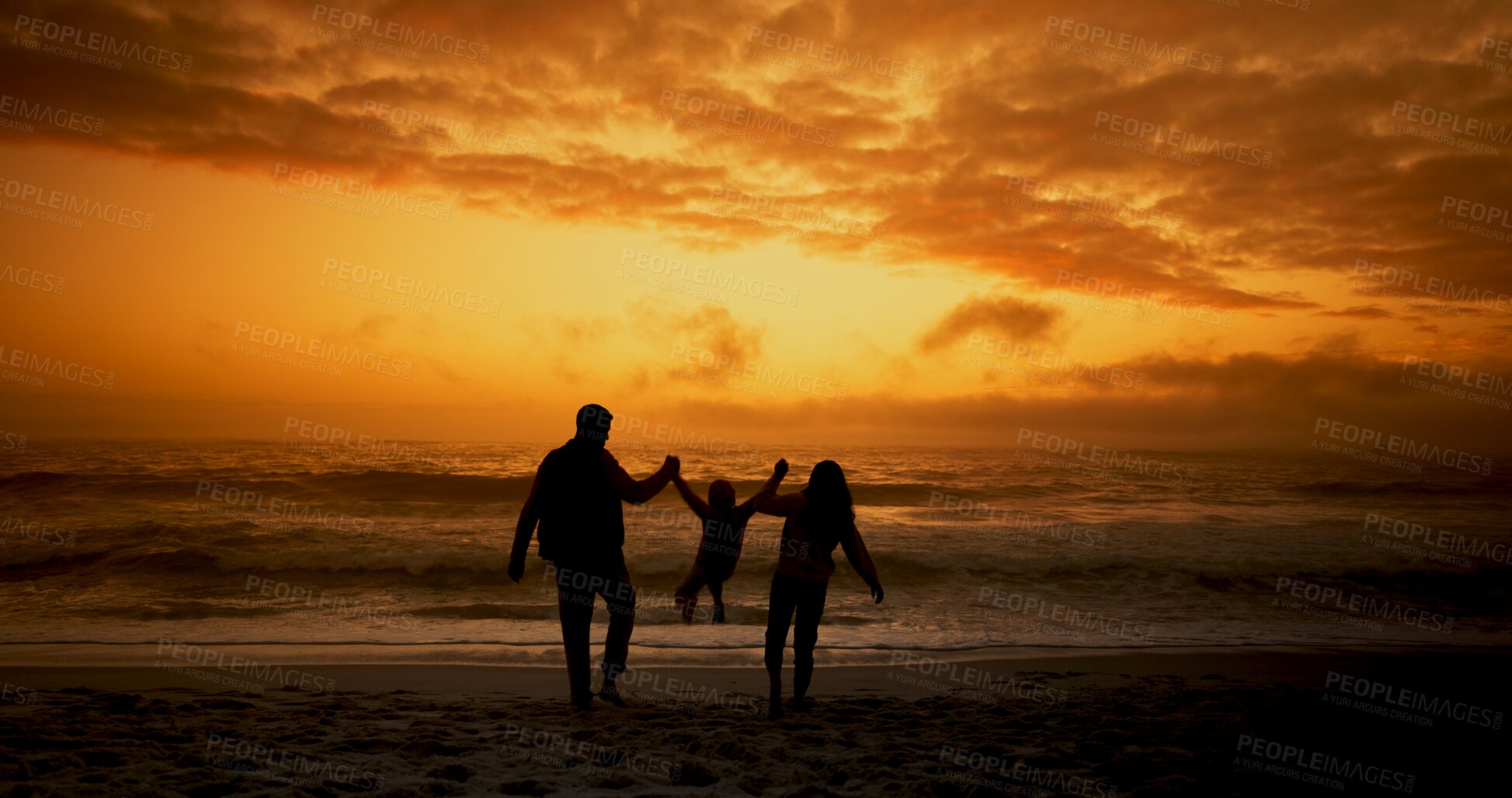 Buy stock photo Family, silhouette and holding hands at beach with sunset while walking in summer for relax and travel. Parents, child and back with support, freedom or trust outdoor for bonding, love and vacation