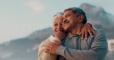 Buy stock photo Love, senior couple and thinking on beach together for holiday bonding, retirement or vacation. Hug, romance or smile with elderly man and woman embracing on tropical island coast for peace or travel