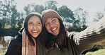 Selfie, girl and friends in nature outdoor for camping, adventure weekend and trail hiking for bonding. Female people, photography and together in wilderness for memory, social media and affection.