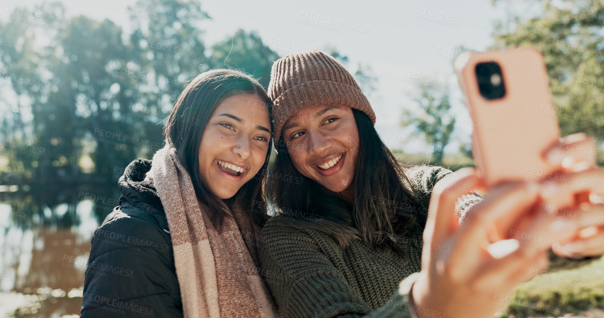 Buy stock photo Selfie, girl and friends with smile in nature for camping, adventure weekend and trail hiking for bonding. Female people, photography and together in wilderness for memory, social media and happiness