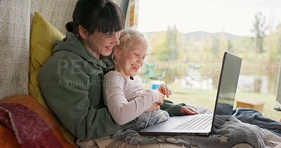 Buy stock photo Funny, camping and laptop with family in nature for watching movie, streaming and peace. Adventure, travel and vacation with mother and daughter in van for road trip, bonding and film subscription